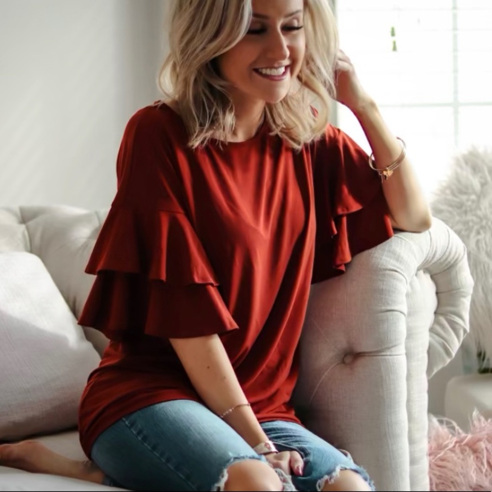 Double Ruffle Sleeve Blouse— Dark Rust Color